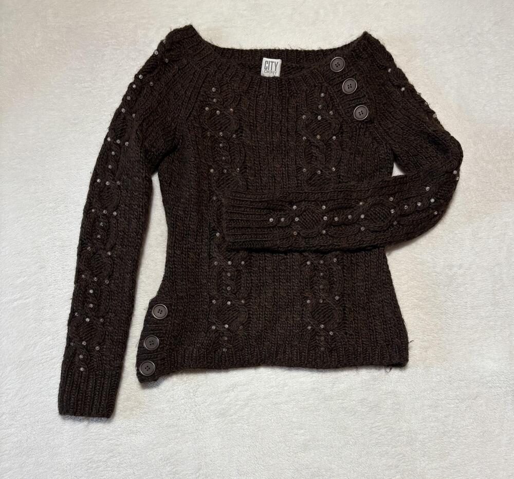 CITY DKNY Sweater Womens Medium Brown Cable Knit Button Pullover Wool Boat Neck